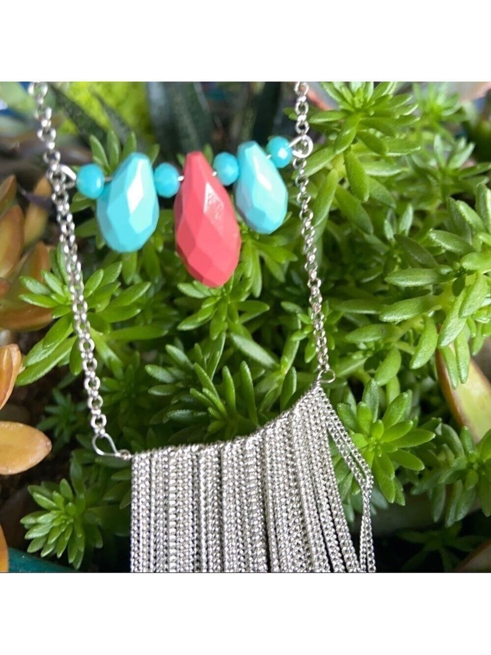 Chico’s Silver Coral & Turquoise Beading StatementNecklace